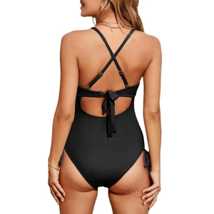 Chic black one-piece swimsuit with ribbed texture and back lace-up drawstring details