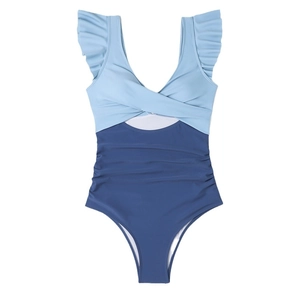 One-piece V-neck swimsuit with ruffled shoulders and blue color-block design