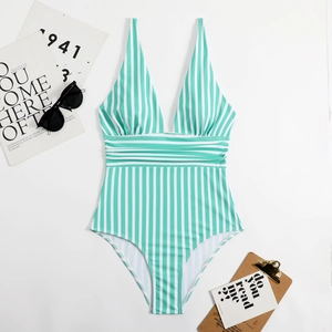 Deep V-neck one-piece swimsuit featuring mint green vertical stripes and ruched waist detail