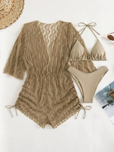 Elegante set bikini tre pezzi kaki con copricostume in pizzo a rete a maniche lunghe
