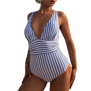 Slimming V-neck one-piece swimsuit for women featuring classic blue and white stripes