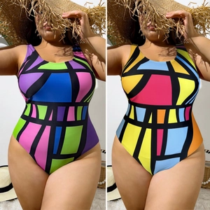 Women Plus Size One-Piece Swimsuit Sexy Geometric Color Block High Elastic Quick Dry Beachwear Bathing Suit Swimwear