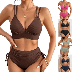 Women Ribbed Two Piece Bikini Set High Waisted Drawstring Swimsuit Western Sexy Sporty Top And Bottom Beachwear For Women