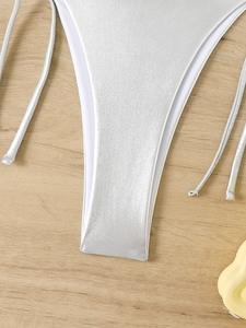 Detail of silver metallic bikini bottoms showing stitching and texture on wood