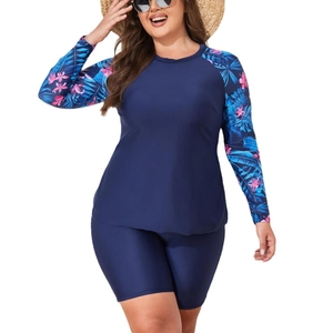 Plus size long sleeve rash guard set with tropical leaf print and navy blue bottoms