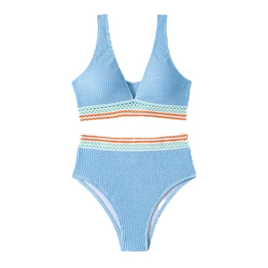 Sky blue textured high waisted bikini set with striped elastic bands for women