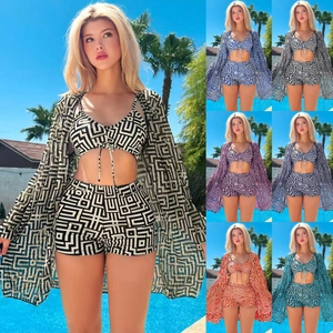 Women Geometric Print Bikini Set With Long Sleeve Cover Up High Waist Swimsuit Sexy Polyester Bathing Suit