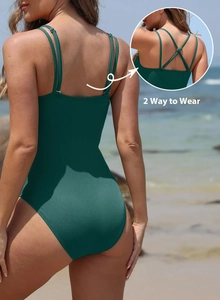 Detail of dark green ribbed one-piece swimsuit with 2-way adjustable back straps