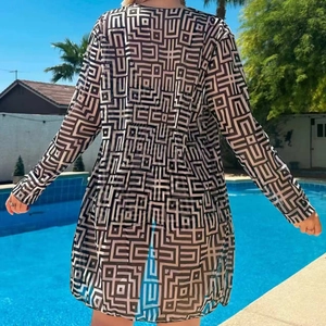 Three-piece bikini set with high-waist cover-up featuring black and white geometric pattern