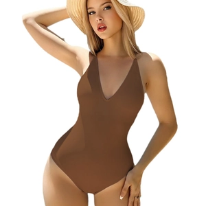 Deep V-neck dark brown one-piece swimsuit for women with thin straps and straw hat style