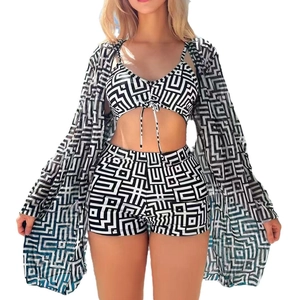 Three-piece black and white geometric print bikini set with high waist shorts and cover-up