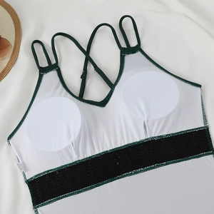 Detail view of the swimsuit interior showing breathable mesh and removable round chest pads