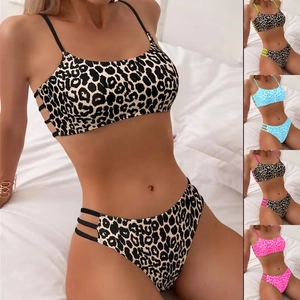 Sexy Leopard Muster Zweiteiler Badeanzug Oberteil Und Unterteil Ausschnitt Spaghetti Träger Bikini Damen Sommer Strand Urlaub Bademode