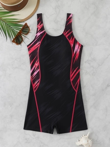 Flat lay view of a sporty black one-piece swimsuit with pink side stripes and summer props
