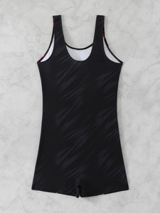 Detailed flat lay of black one-piece swimsuit with subtle gray diagonal striped texture