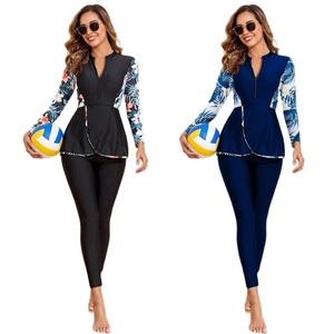 Women's Conservative Long Sleeve Rash Guard Zip Front Swimsuit Tropical Floral Print Surfing Suit Top And Bottom