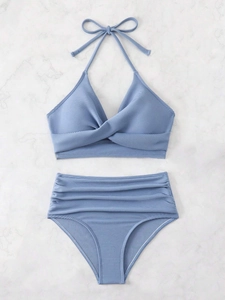 Detailed flat lay of fog blue ribbed halter bikini set with high waist gathered bottoms