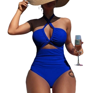 Royal blue one-piece swimsuit with halter neck cutout and ruched waist detail for women