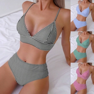Women Striped High Waist Bikini Top And Bottom Sexy Thin Strap Padded Triangle Swimsuit Beachwear Bathing Suit Summer Vacation