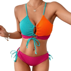 Three-color contrast crinkle bikini set with cutout halter top and side-tie bottoms