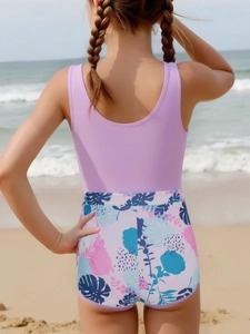 Vista posteriore del costume da bagno viola per bambine con stampa di foglie tropicali