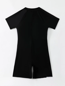 Back view of black short sleeve one-piece swimsuit with raglan sleeves for water sports