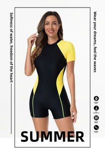 Front zipper close-up on short sleeve one-piece swimsuit with yellow color block details