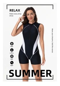 Front zipper detail on black and white sleeveless one-piece swimsuit for surfing