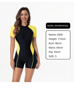 Detail of color-block athletic swimsuit with front zipper and side panels for surfing