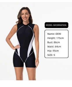 Detailed size chart showing model parameters for a black sleeveless one-piece wetsuit