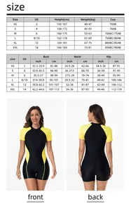 Detailed size chart for short sleeve colorblock one-piece swimsuit and surfing bodysuit
