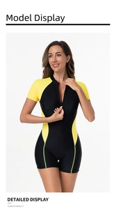 Close-up detail of front zipper and contrast stitching on black and yellow swimsuit