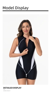 Front view of women sleeveless surfing swimsuit with side white paneling and front zipper