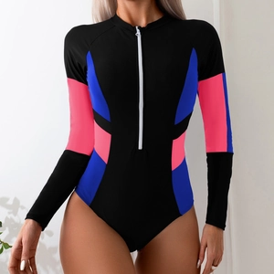 Detail of long sleeve swimsuit with front zipper and colorful geometric patterns