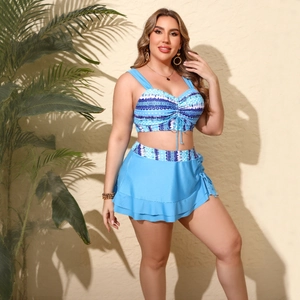 Plus size high waist bikini set with bohemian print top and sky blue ruffled swim skirt