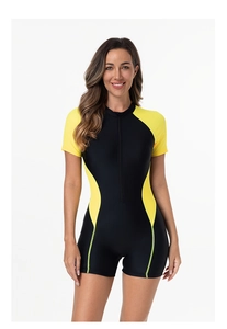 Detail view of the contrast color swimsuit featuring a functional front zipper and flatlock seams