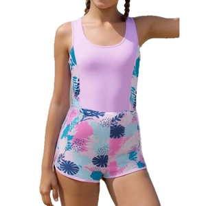 Costume intero da bambina con stampa floreale tropicale e pannelli viola per bimba