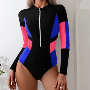 Detail of long sleeve swimsuit with center zipper and geometric contrast panels