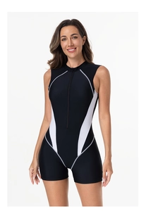 Close-up of sleeveless one-piece swimsuit featuring front zipper and contrast side panels