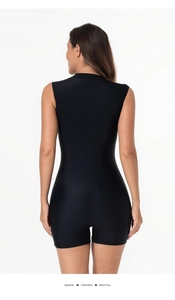 Back view of a black sleeveless one-piece swimsuit with high-stretch shaping fabric