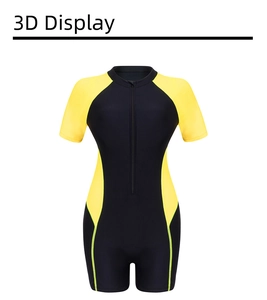 Detail view of the high-quality zipper and stitching on this athletic color-block swimsuit