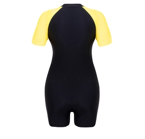 Rear view of short sleeve athletic swimsuit with contrast yellow cuffs and black body