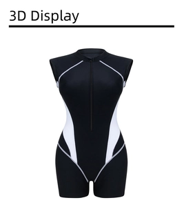 Detailed front view of a sleeveless swimsuit featuring a zipper and white side panels