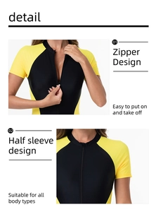 Detailed view of the front zipper and short sleeve design on this athletic surfing swimsuit