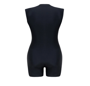 Close-up of black sleeveless one-piece swimsuit with high neck and matte elastic fabric