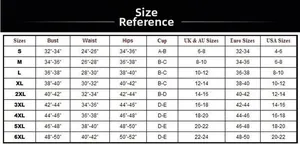 Detailed size chart for one-piece swimsuit ranging from S to 6XL with measurements