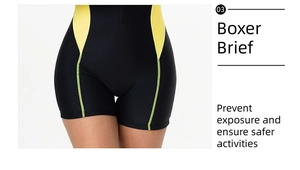 Detail of color-block swimsuit featuring flatlock seams and secure boxer brief design