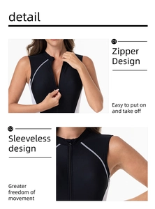 Detail view of the sleek zipper closure and sleeveless design on this black and white swimsuit