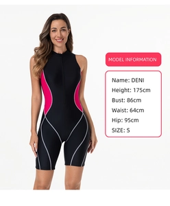 Dettaglio taglie e info modella per costume da bagno surf con inserti rosa acceso
