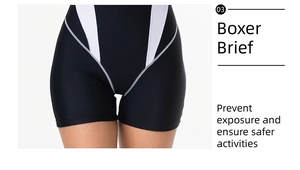 Detail of professional boxer-style swimsuit bottom with anti-exposure flatlock stitching